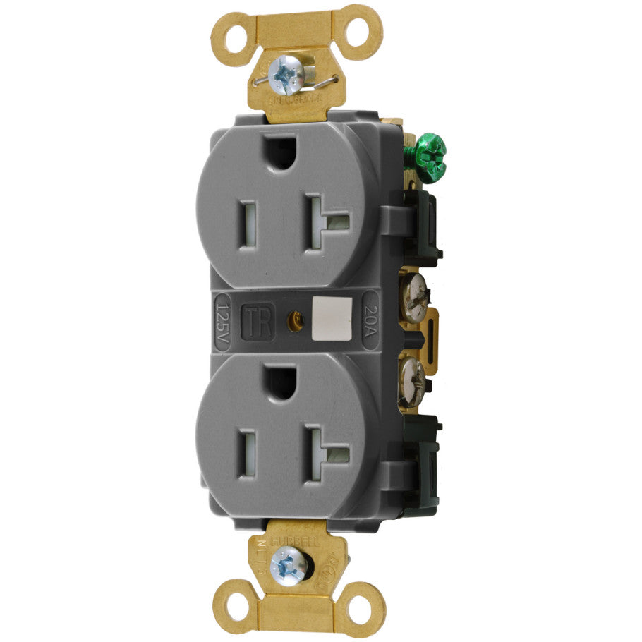 Straight Blade Receptacle, Grounding, 20A, 125V, 2P3W, 12 to 10 AWG, Back and Side Wired, Gray