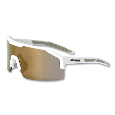 Maxview+ Safety Glasses, Gold Mirror, Polycarbonate, Hard Coated, Anti-Scratch, White Half Frame, Gray Temple