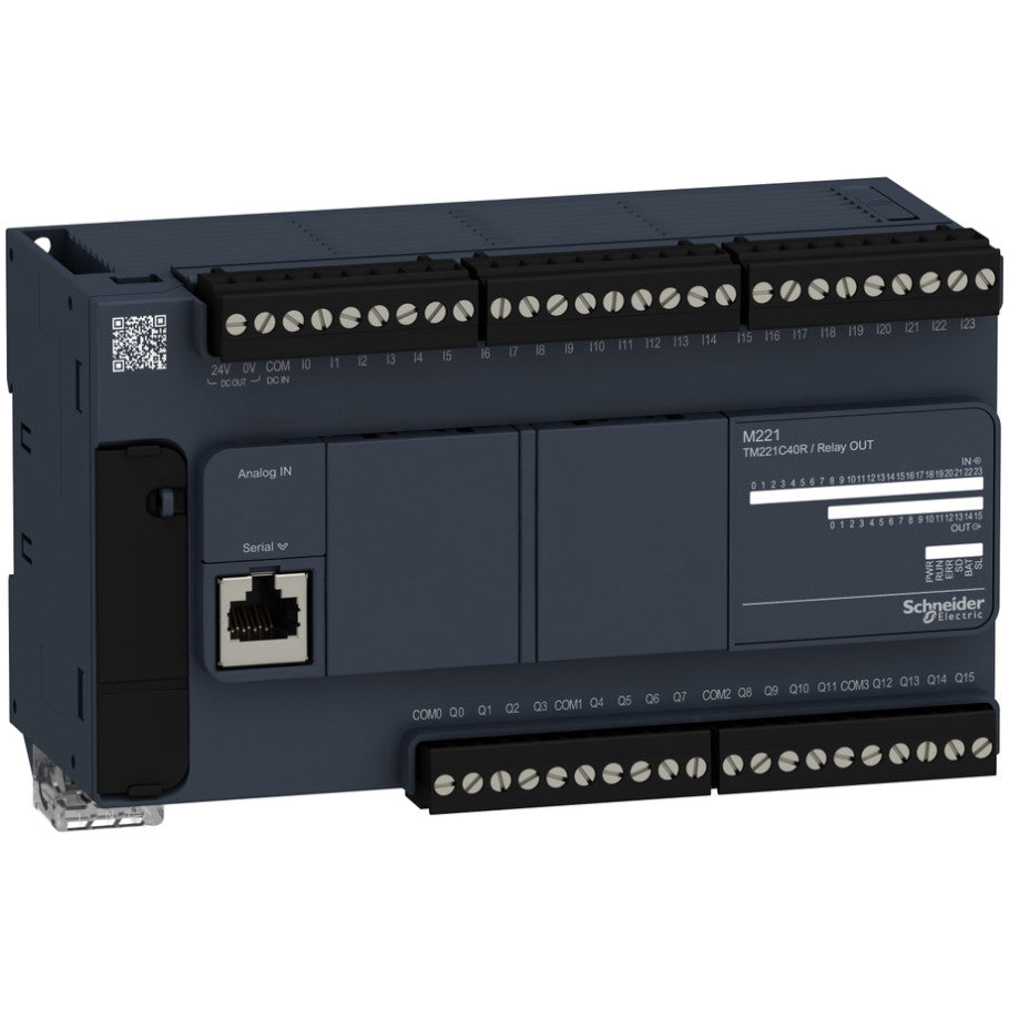 Modicon M221 PLC, SoMachine Basic Software, Compact, 40 I/O Relay, 24 Digital/2 Analog Inputs, 16 Relay Outputs, 120 AC