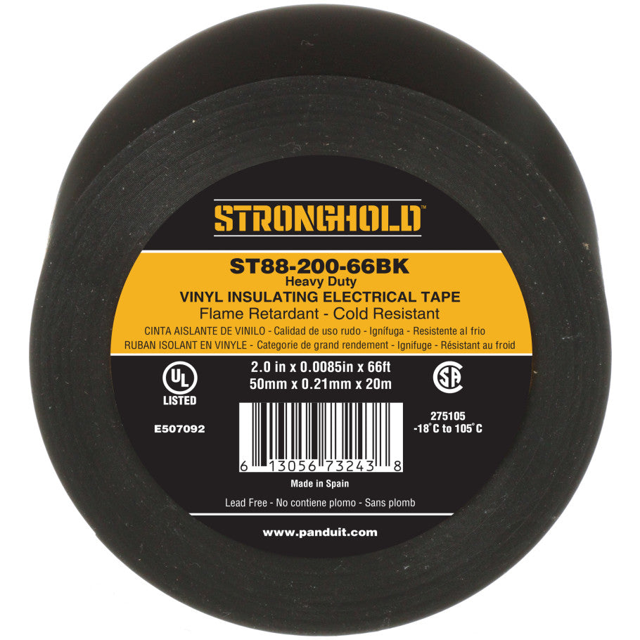 StrongHold ST88-200-66BK Electrical Tape, Black, PVC, Heavy Duty, 2", 0.0085"