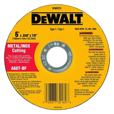 High Performance Cutting Wheel, Type 1, 6 in dia x 0.045 in Thick x 7/8 in Arbor, 60 Grit, Aluminum Oxide