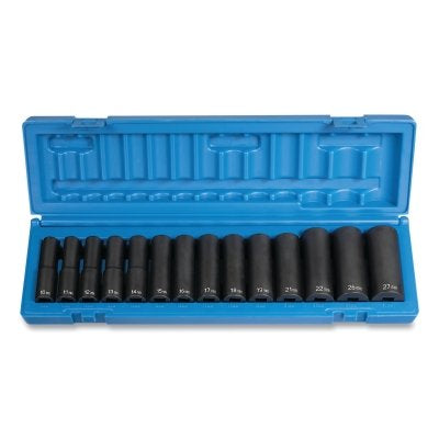 Impact Socket Set, 1/2 in Dr, Metric, 6-point, 10 mm to 27 mm, 14-Pc Deep Length