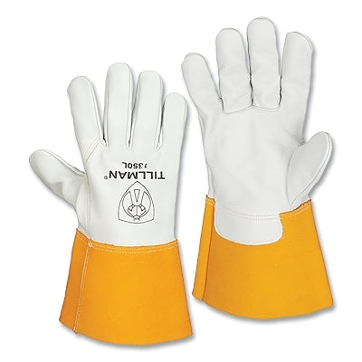 MIG Welding Gloves, 1350, Top Gr Cowhide Palm/BOH/Split CH Cuff, XS, Pearl/Bourbon Brn, 4 in Str Cuff
