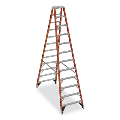 Fiberglass Twin Stepladder, T7412, Type IAA, 12 ft L, 16 ft Reach, 35.5 in W, 375 lb Load Capacity Per Side, Orange