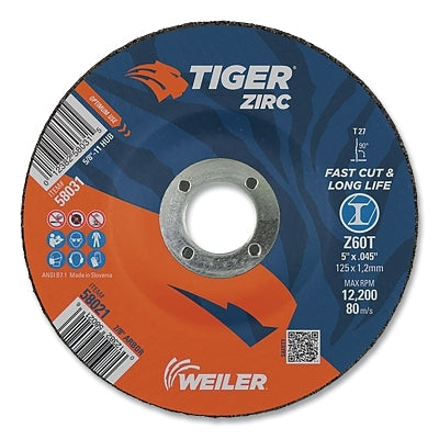 Tiger Zirc Cutting Wheel, 5 in dia, 0.045 in Thick, 7/8 in Arbor, Zirconia Alumina, Type 27, Z60T