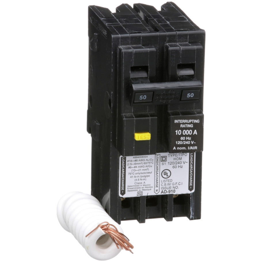 Mini circuit breaker, Homeline, 50A, 2 pole, 120/240VAC, 10kA AIR, ground fault class A, plug in, UL  TAA