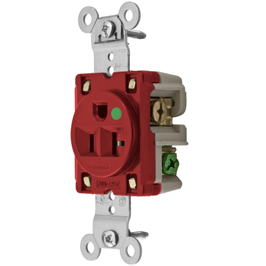 HBL Straight Blade Single Receptacle, Hospital Grade, 20A, 125V, 2P3W, Flush Nylon Face, Red