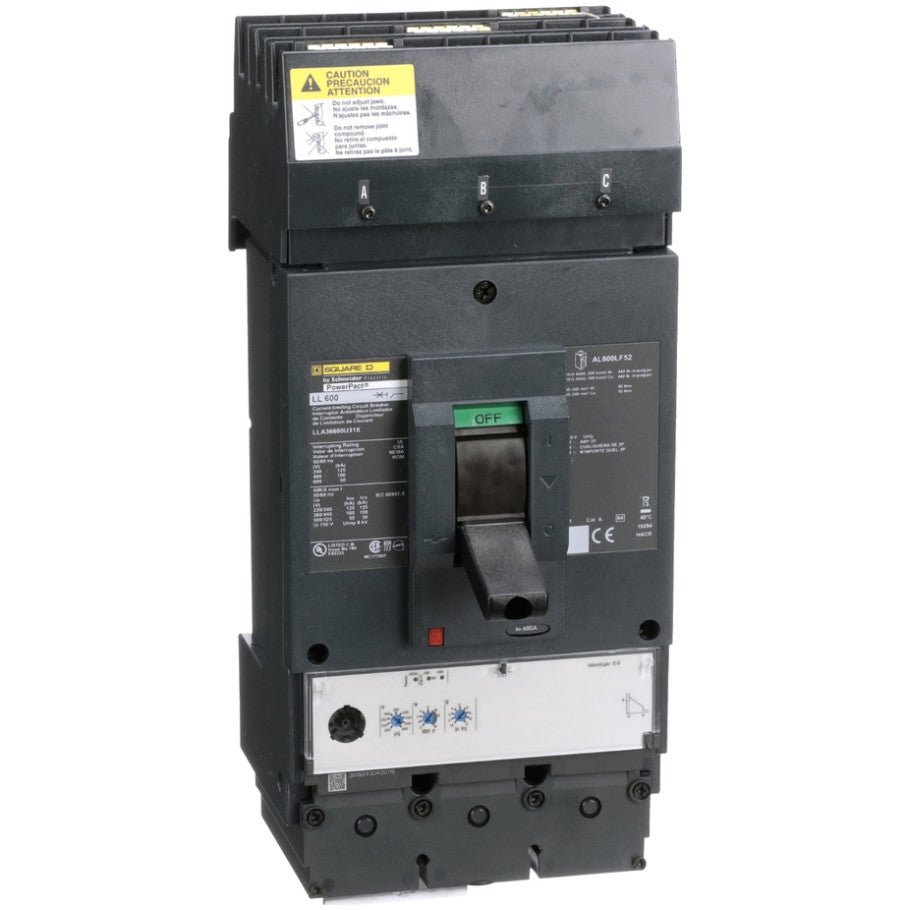 PowerPact LLA Series Circuit Breaker, L-Frame, 600A, 600V ac, 3-Pole, 50 kA, 3.3 Micrologic, 14.7 H x 5.94 W x 6.61 D in.