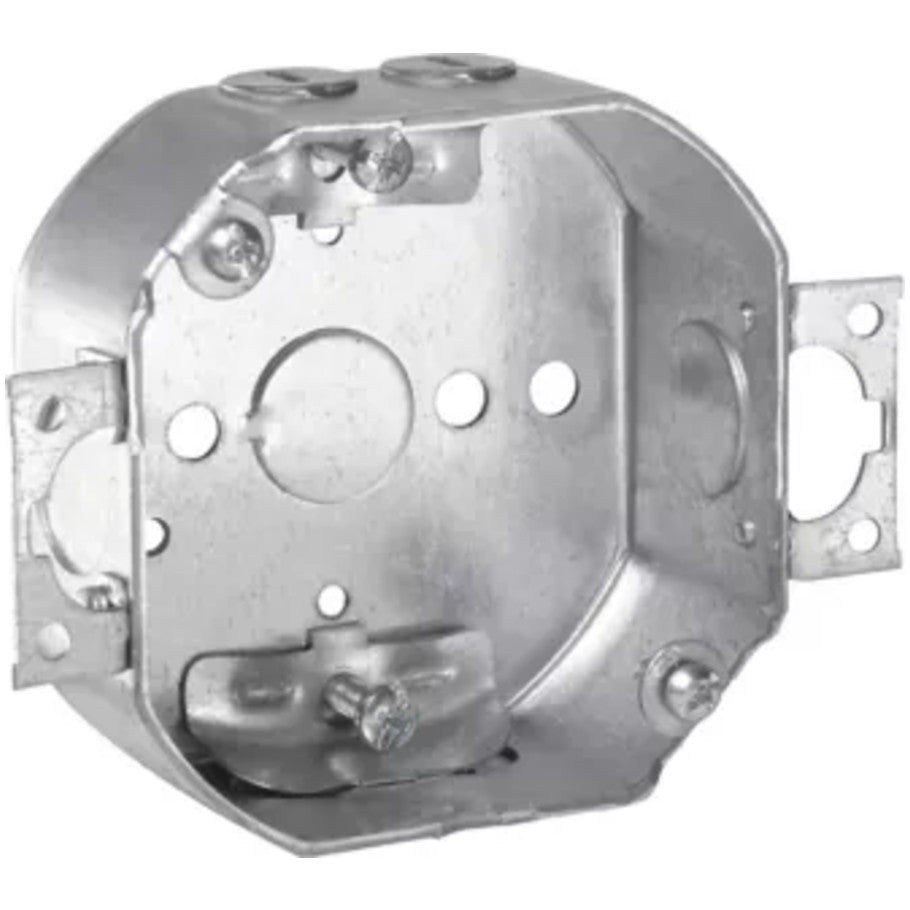 Octagon 4in. Dia. Outlet Box, Fixture Rated, (4) Cable Clamps, 1-1/2 in. D, (2) 1/2in. Side KO, (1) 1/2in. Bottom KO, Screw Ears
