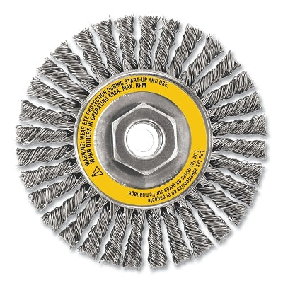 Wire Wheel Brushes, Stainless Steel Stringer, 5 in dia, 5/8 in-11 TPI, 12000 RPM