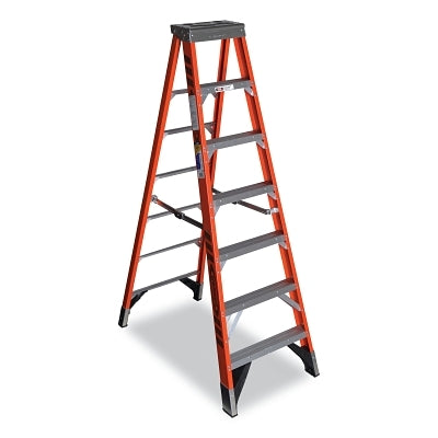 Fiberglass Stepladder, 7407, Type IAA, 7 ft L, 26.84 in W, Single-Sided, 375 lb Load Capacity, Orange/Black