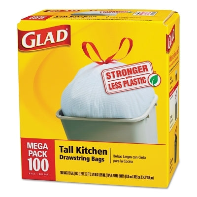 Tall Kitchen Drawstring Bags, 24 x 27 3/8, 13gal, .95mil, White