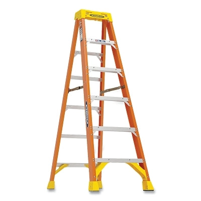 Fiberglass Stepladder, 6206, Type IA, 6 ft L, 23.4 in W, Single-Sided, 300 lb Load Capacity, Orange/Yellow