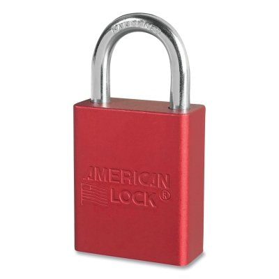 Anodized Aluminum Safety Padlock, 1/4 in dia, 1 in L, 25/32 in W, Red, Keyed Different, Laser Engraved
