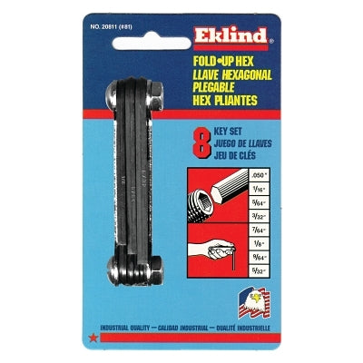 Inch Fold-Up Hex Key Set, 8 per Fold-Up, Hex Tip, Inch, Short
