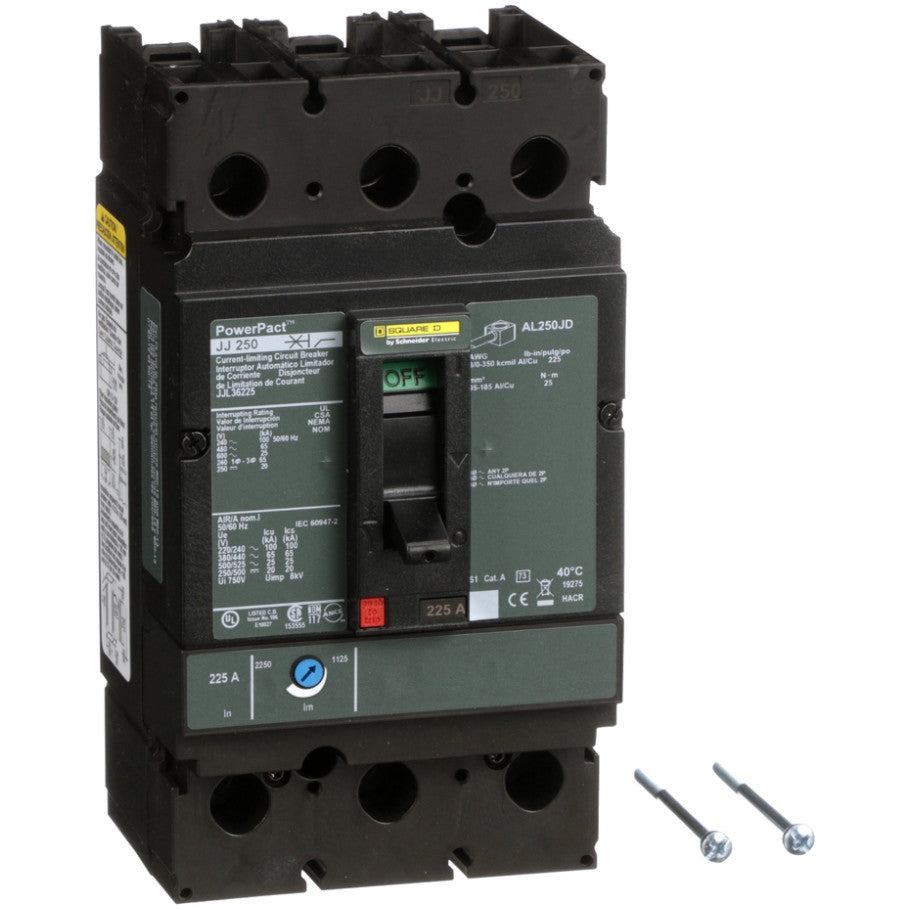 PowerPact Molded Case Circuit Breaker, J-Frame, Thermal Magnetic, Unit Mount, 25kA, 600 Vac/250 Vdc, 3-Pole, 225A