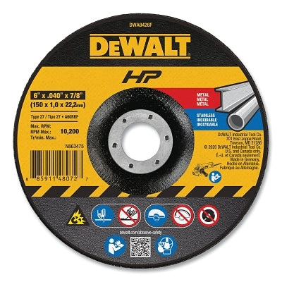 High Performance Cutting Wheel, Type 27, 6 in dia x 0.040 in Thick x 7/8 in Arbor, 60 Grit, Aluminum Oxide