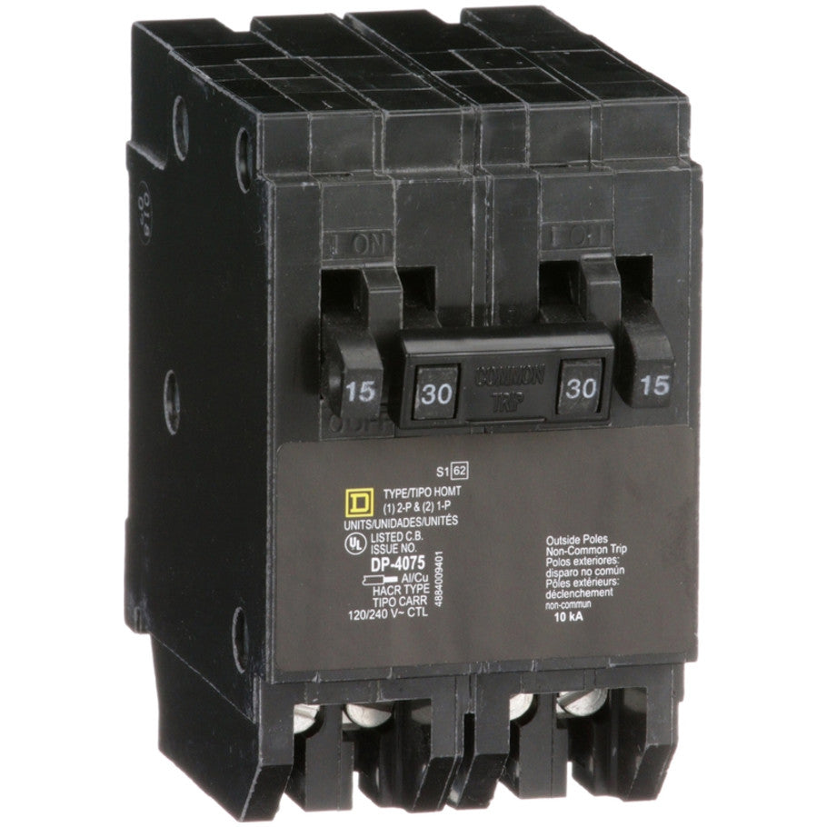 Homeline Quad Tandem Circuit Breaker, Plug-In, 10kA, 120/240 Vac, (2) 1-Pole 15A, (1) 2-Pole 30A