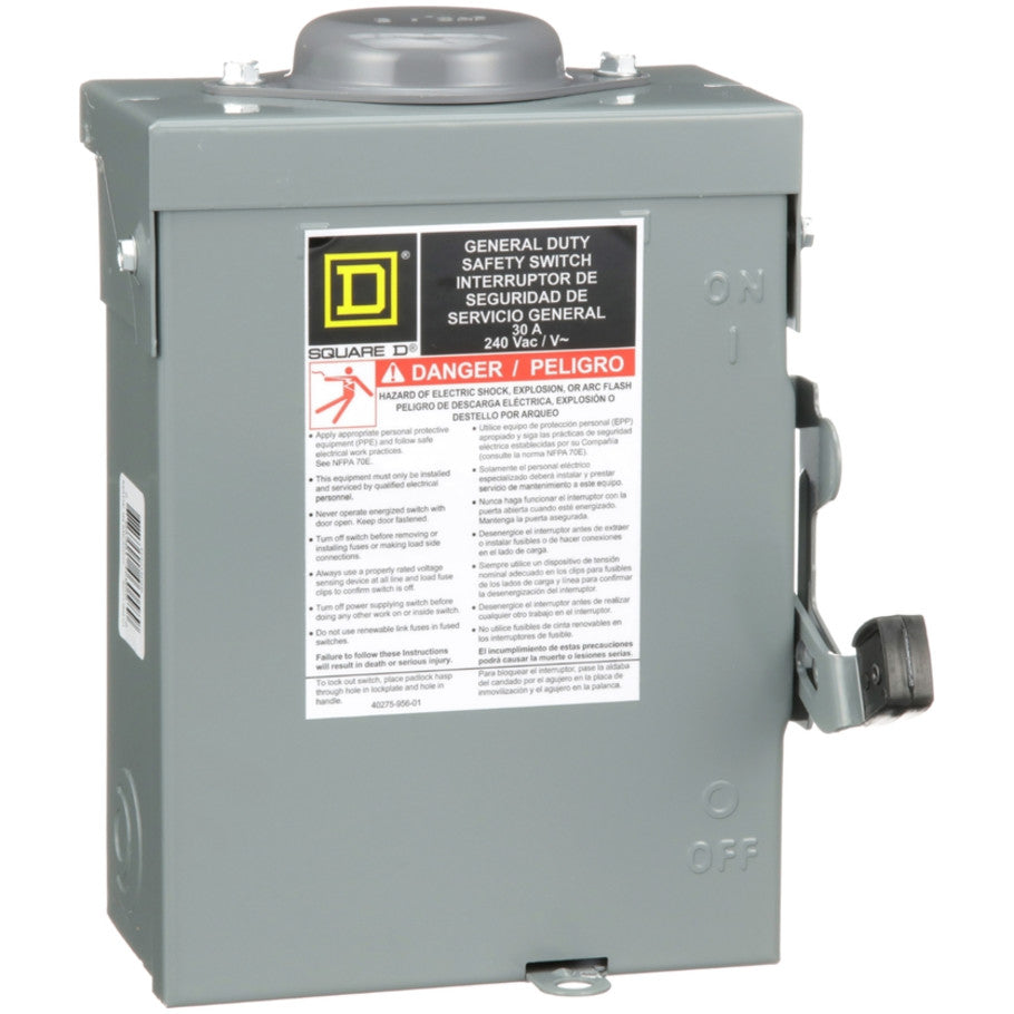 General Duty Safety Switch, Fusible, 30A, 2-Pole, 7.5hp, 240V ac, NEMA 3R, Bolt-On Provision, Neutral Factory Installed