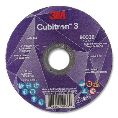 3M 638060-90036 Cubitron 3 Cut-Off Wheel, 4-1/2 in dia x 0.045 in Thick x 7/8 in Arbor, 36+ Grit, T1