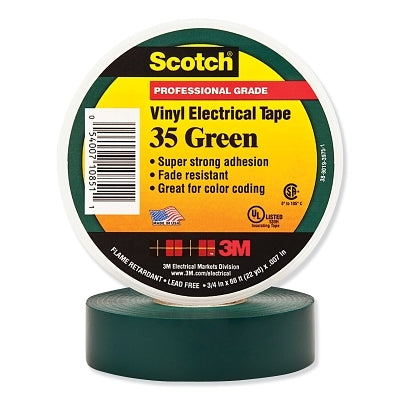 3M 108511 Vinyl Electrical Color Coding Tape, 35, 3/4 in W x 66 ft L, Green
