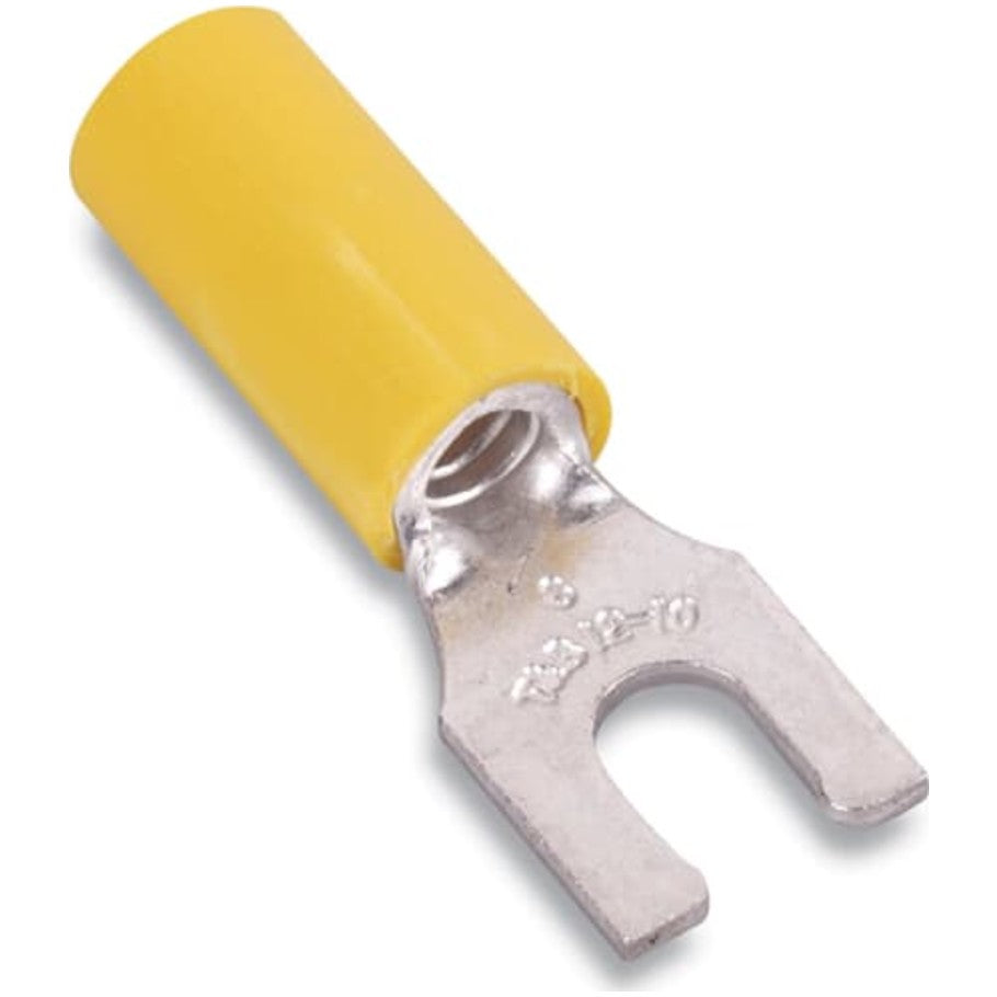 Nylon Insulated Locking Fork Terminal, Length 1.00 Inches, Wire Range  12- 10 AWG, Color Yellow, Copper, Tin Plated