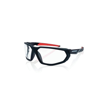 Hyperguard Safety Glasses, Clear, Polycarbonate, Hard Coated, Black Full Frame, Red Temple