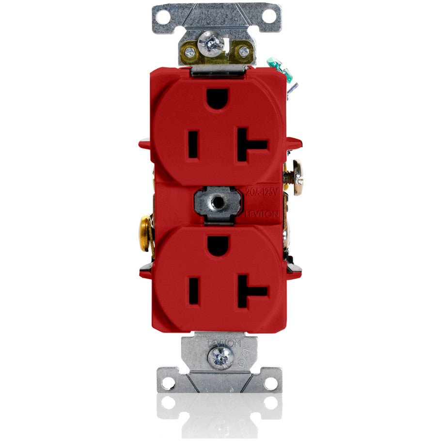 Straight Blade Duplex Receptacle, 20A, 125V, 2P3W, Self-Grounding, Back and Side 8-Hole Feed-Thru Wired, Red