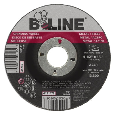 Depressed Center Grinding Wheel, 4-1/2 in dia, 1/4 in Thick, 7/8 in Arbor, 24 Grit
