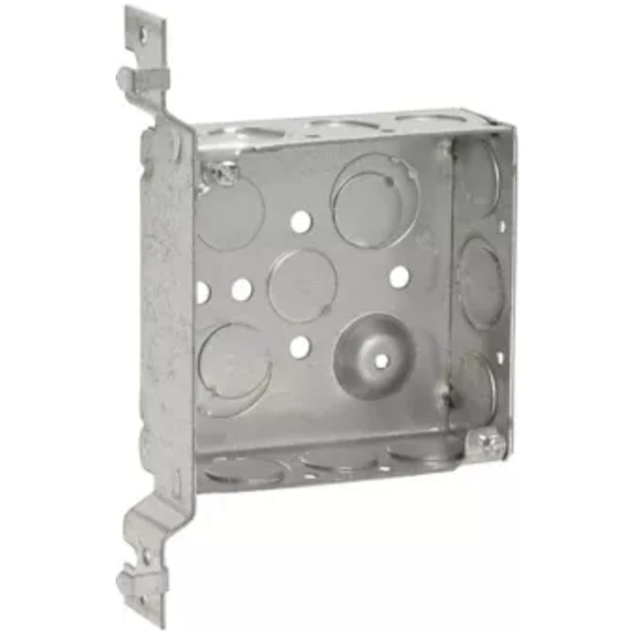 4 Square Box, Steel, Welded, 1-1/2 in. D, (6) 1/2   (3) 1/2 3/4 in. E Side KO, (2) 1/2   (2) 1/2 3/4 in. E Bottom KO, VP Bracket