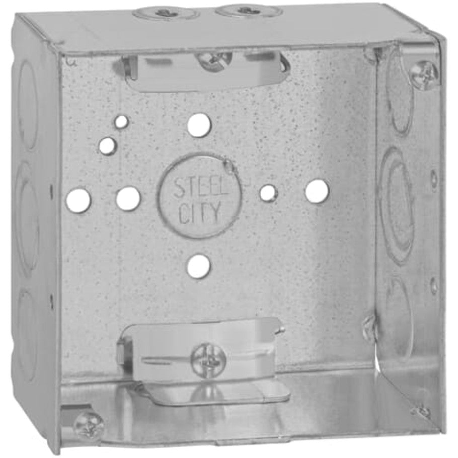 4 Square Box, Steel, (1) 1/2 in., 2-1/8 in., 25 per Package, (1) 1/2   3/4 in. Knockouts, (2) 1/2 in. Knockouts