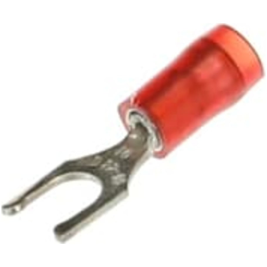 Nylon Insulated Locking Fork Terminal, Length .86 Inches, Width .29 In, Wire Range  22- 16 AWG, Color Red, Copper, Tin Plated