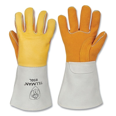 Stick Welding Gloves, 850, Split Elkskin Palm/Top Gr Elkskin BOH/Split Cowhide Cuff, Sm, Gold, 14 in L Cuff