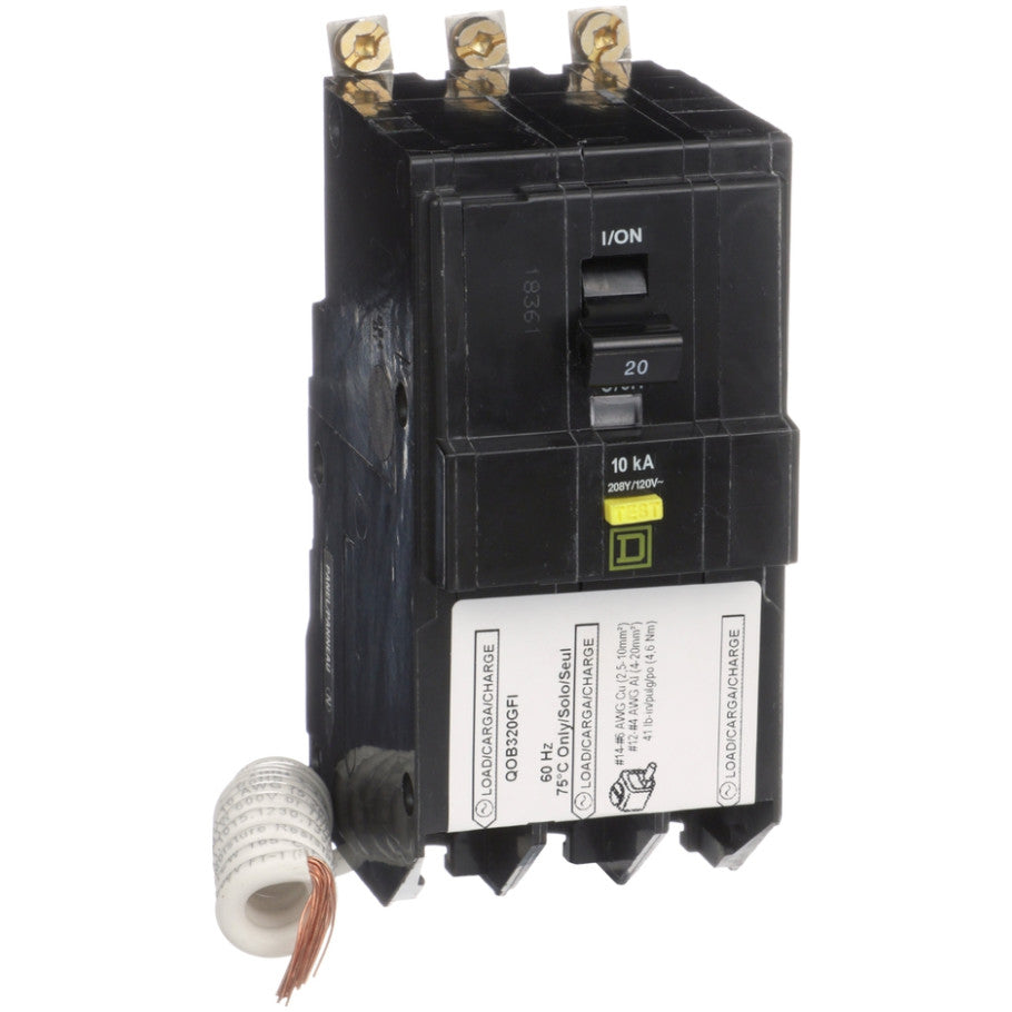 Mini circuit breaker, QO, 20A, 3 pole, 208Y/120VAC, 10kA, bolt on, 6mA grd fault A, pigtail  TAA