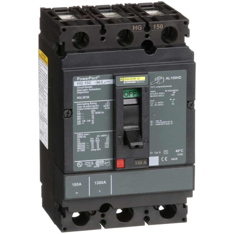 PowerPact Molded Case Circuit Breaker, H-Frame, Unit Mount, 18 kA, 600V, 3-Pole, 150A