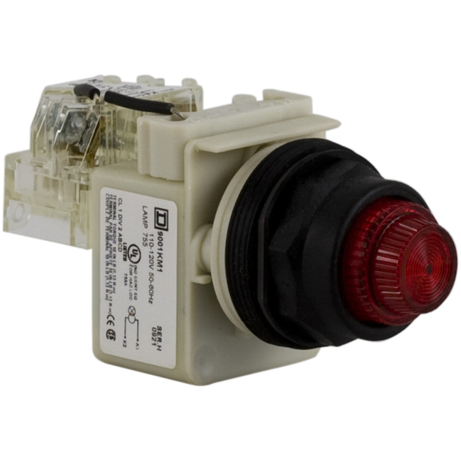 30 mm 9001 Type SK HD Pilot Light, 120 Vac, Transformer-Style, Push-to-Test Pilot Light, Red