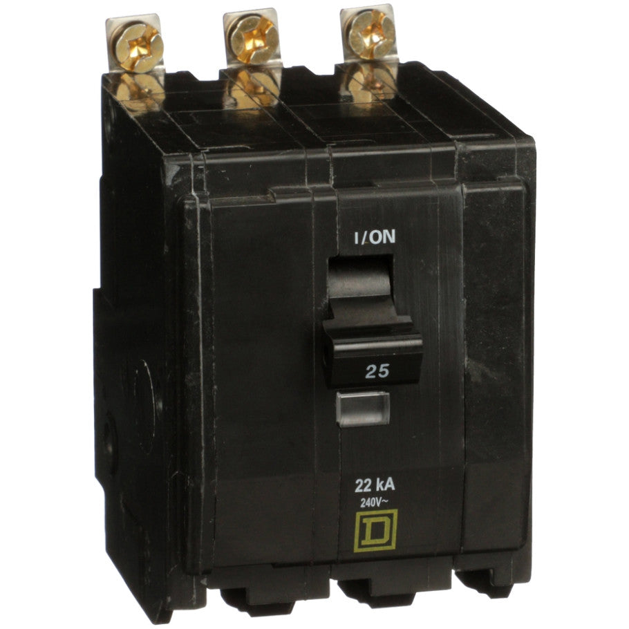 QOB Miniature Circuit Breaker, High Interrupting Capacity, Bolt On, 3 Pole, 25A, 240 Vac, 22kA