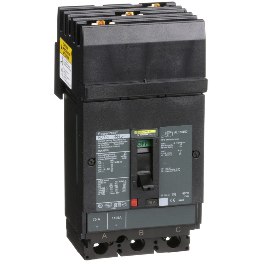 Circuit breaker, PowerPacT H, 70A, 3 pole, 600VAC, 25kA, I-Line, thermal magnetic, 80 , ABC