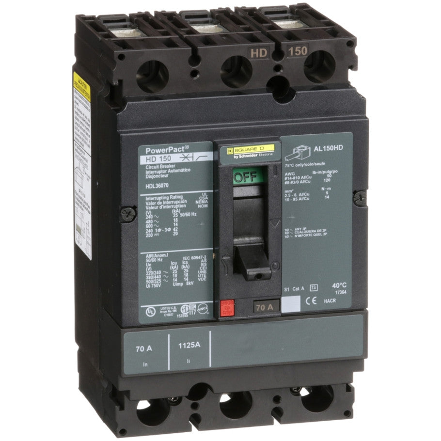 PowerPact Molded Case Circuit Breaker, H-Frame, Unit Mount, 14 kA, 600V, 3-Pole, 70A