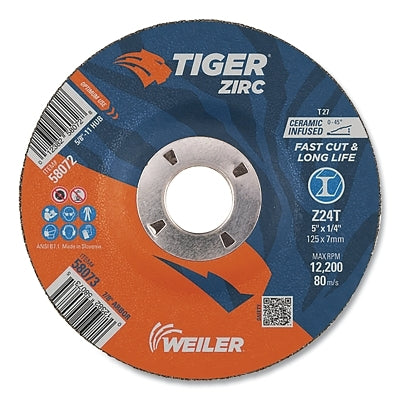 Tiger Grinding Wheel, 5 in dia x 1/4 in Thick x 7/8 in Arbor, 24 Grit, Zirconia Alumina/Ceramic, Type 27, 10 EA/PK