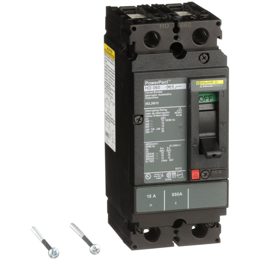 PowerPact Molded Case Circuit Breaker, H-Frame, Unit Mount, 14 kA, 600V, 2-Pole, 15A
