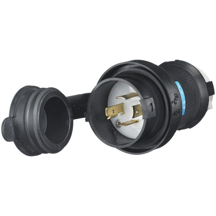 Locking Devices, Twist-Lock, Watertight Safety-Shroud, Male Plug, 3-Phase Delta 250V AC, 3-Pole, NEMA L15-20P, White