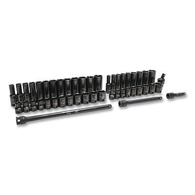 Impact Socket Set, 3/8 in Dr, 6-point, SAE/Metric, 5/16 in to 21 mm, 49-Pc Deep/Standard Lengths, Incl Univ Jt/Blow Mold Case