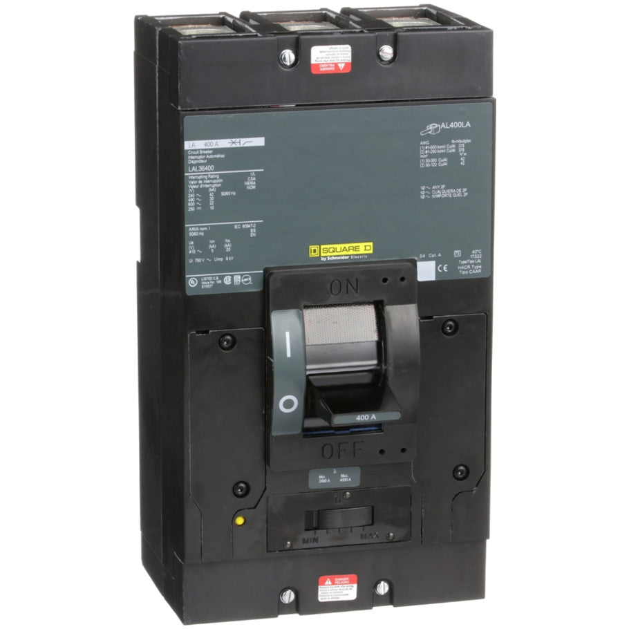 Circuit breaker, LA, 400A, 3 pole, 600VAC, 22kA, 250VDC, 10kA, lugs, thermal magnetic