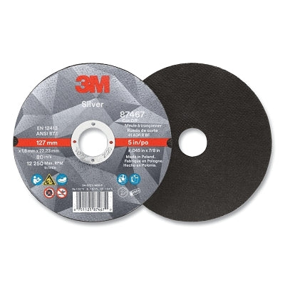 3M 051125-87467 Silver Cut-Off Wheel, Precision Shaped Ceramic, 5 in dia, 0.875 in arbor, 36 Grit, Center Hole Mounting