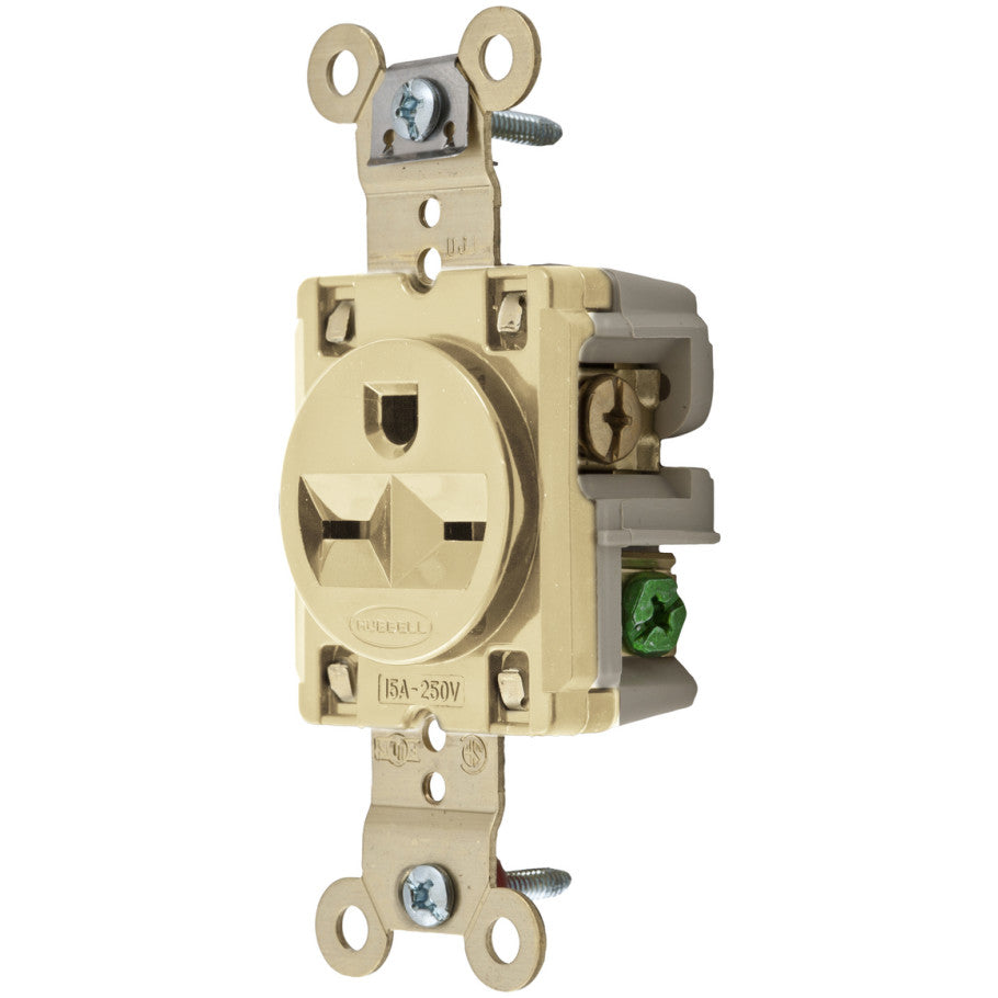 HBL Extra Heavy Duty Specification Grade 15A 250V 2P3W NEMA 6-15R Straight Blade Single Receptacle, Ivory