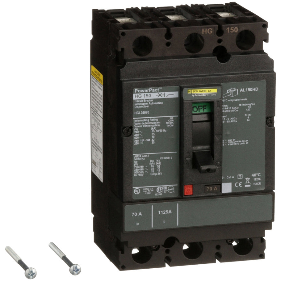 PowerPact Molded Case Circuit Breaker, H-Frame, Unit Mount, 18 kA, 600V, 3-Pole, 70A