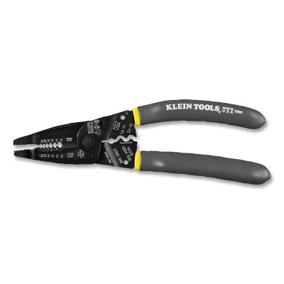 Klein-Kurve Wire Stripper/Cutter/Crimper, 7.75 in OAL, 10 to 20 AWG Solid/12 to 22 AWG Stranded, Gray/Yel Handle, Long Nose