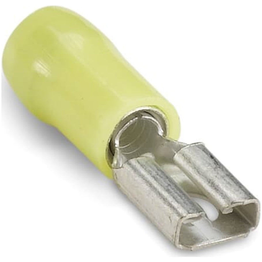 Nylon Insulated Female Disconnect, Length 1.04 Inches, Width .29 Inches, Tab Size .250x.032, Wire Range  12- 10, Color Yellow