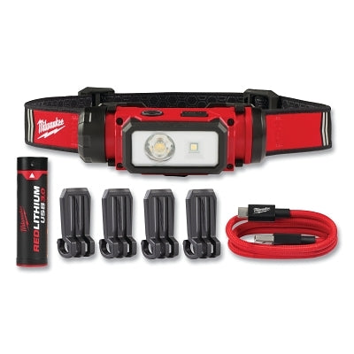 REDLITHIUM USB Hard Hat Headlamp, 1 USB Battery, 3.0 Ah, 600 lm, Red/Black, Incl Battery/USB-C Cord/Hat Clips